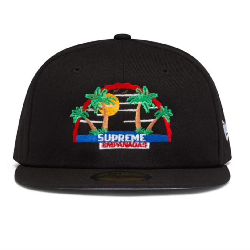 Black baseball cap with an embroidered logo of palm trees, sun, and "Supreme Empanadas" text.