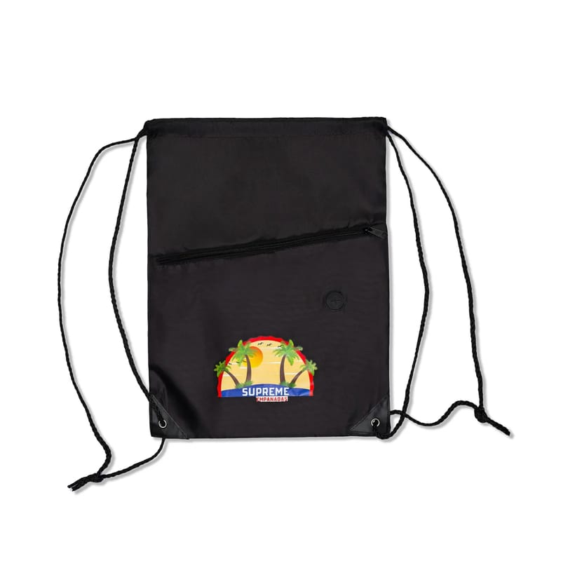 Black drawstring bag with a Supreme Empanadas logo featuring palm trees and a sunset.